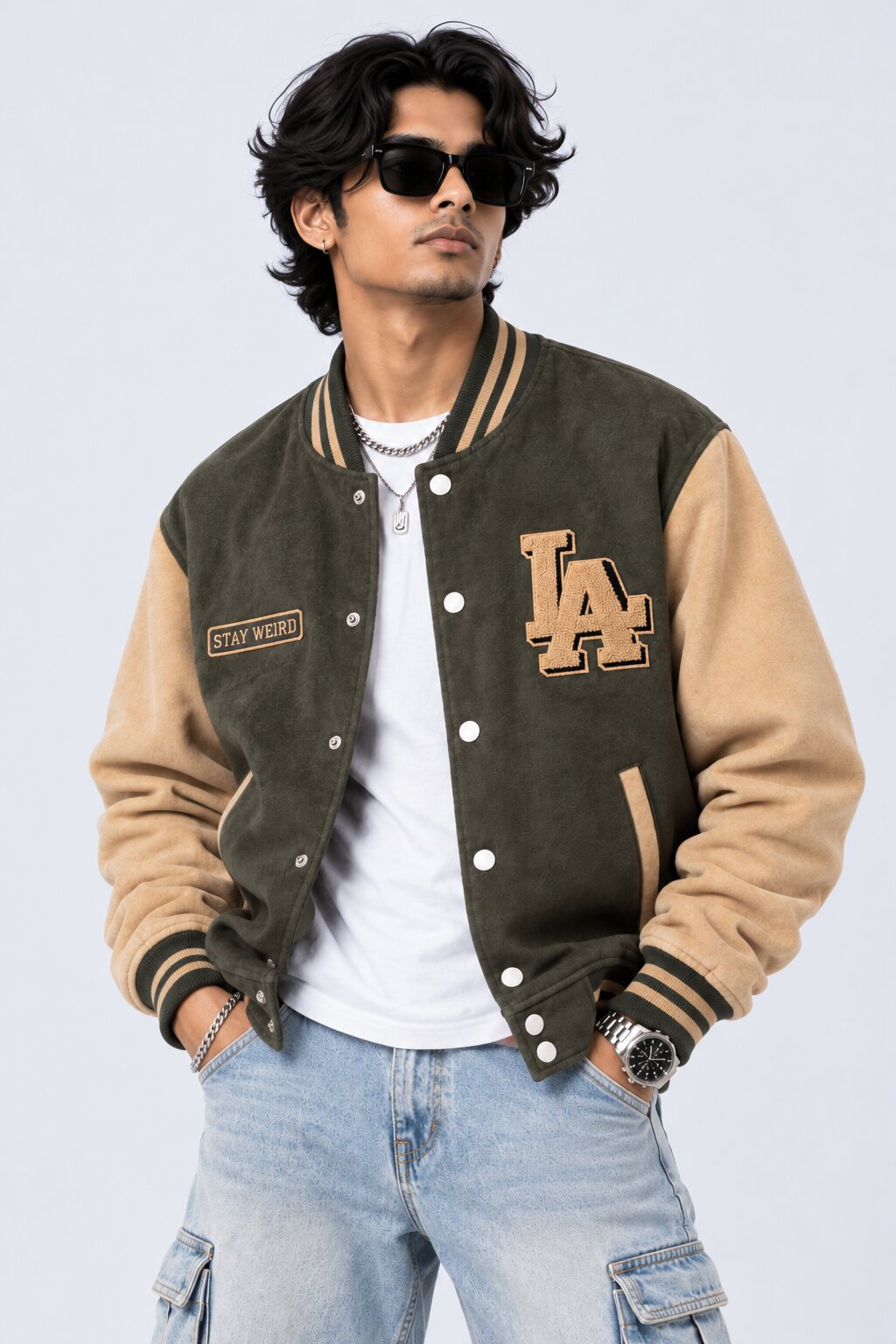 Mens Olive Typography Varsity Jacket - Image 1