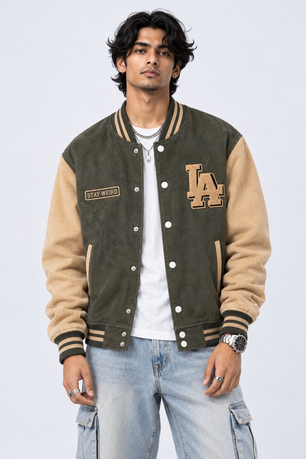 Mens Olive Typography Varsity Jacket - Image 2
