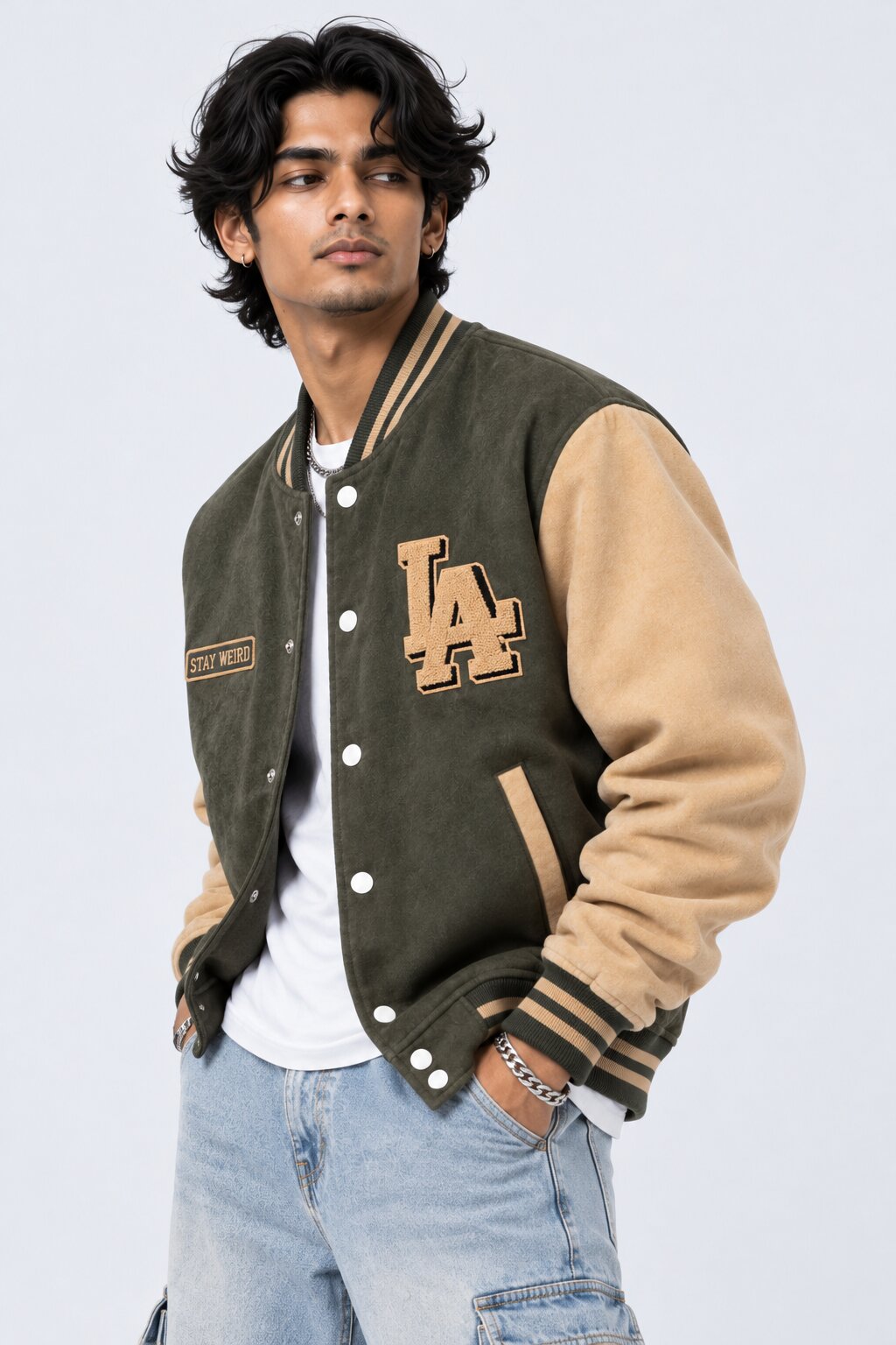 Mens Olive Typography Varsity Jacket - Image 4