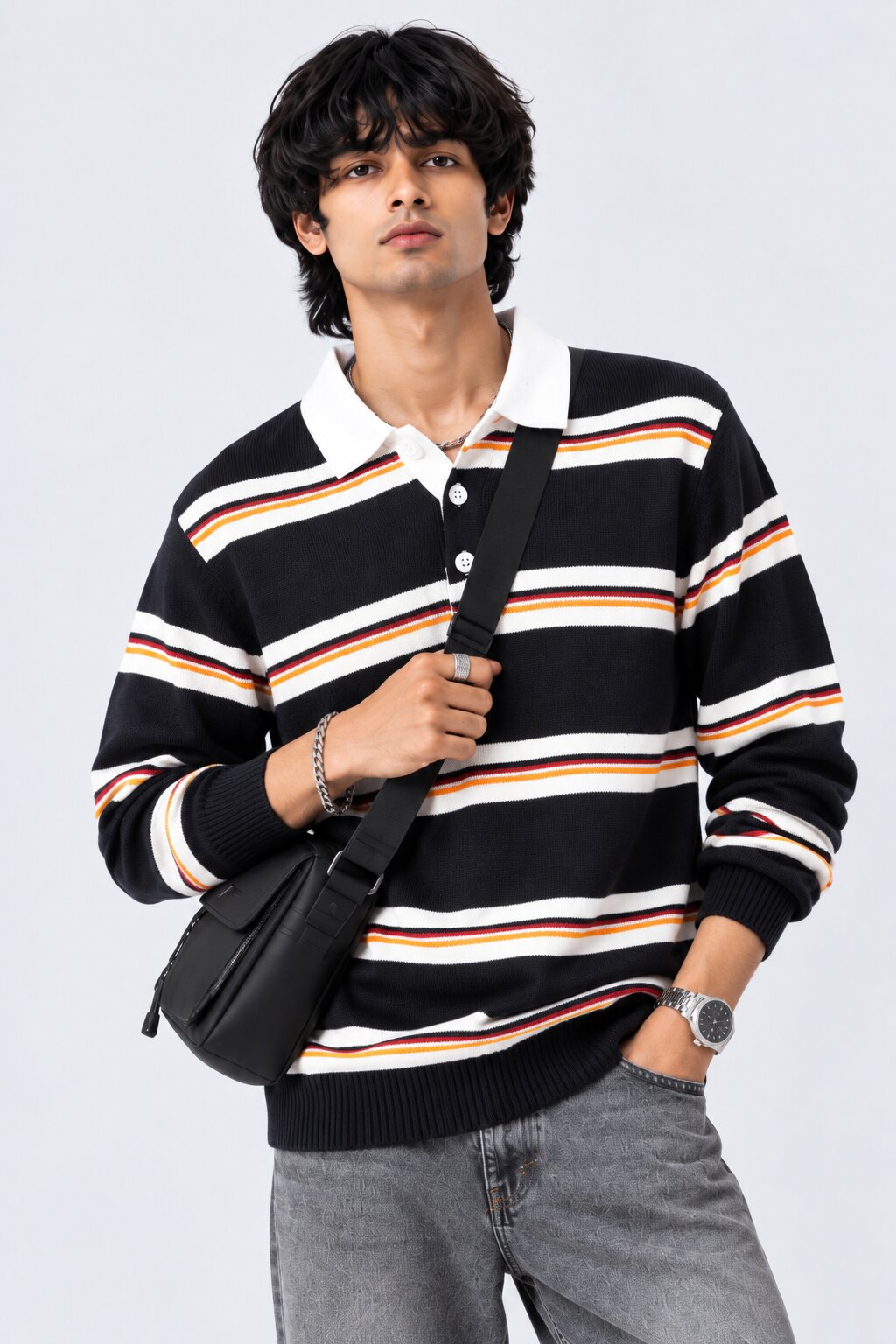 Mens Navy and White Striped Polo Sweater - Image 1