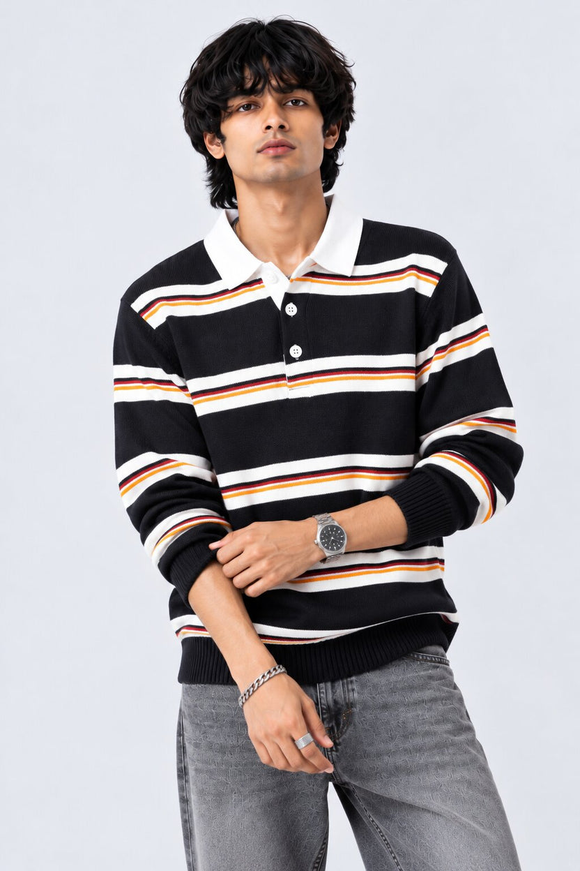 Mens Navy and White Striped Polo Sweater - Image 2