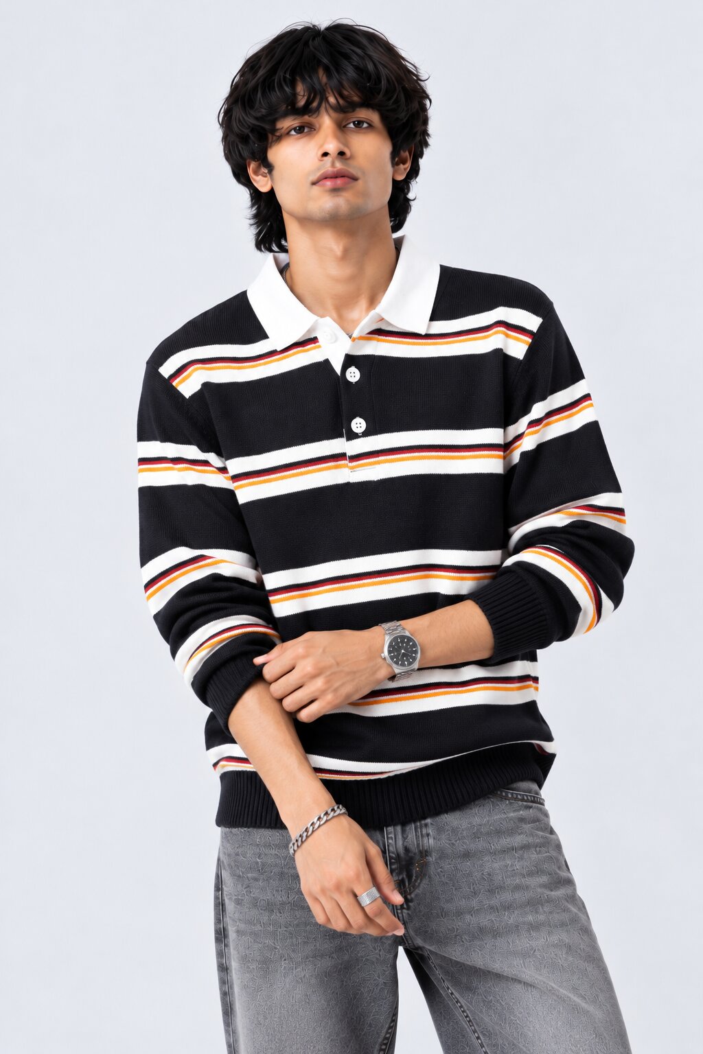 Mens Navy and White Striped Polo Sweater - Image 2