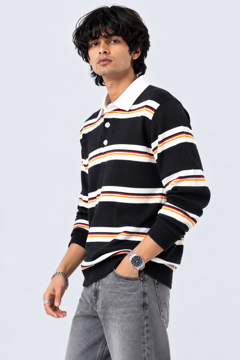 Mens Navy and White Striped Polo Sweater - Image 4