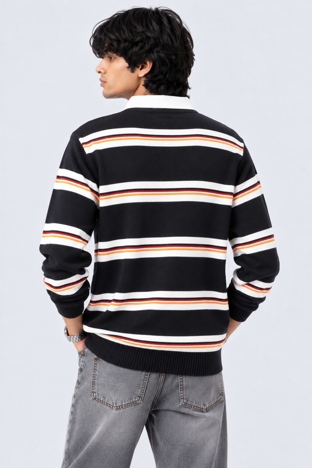 Mens Navy and White Striped Polo Sweater - Image 5