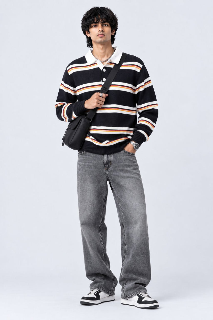 Mens Navy and White Striped Polo Sweater - Image 6
