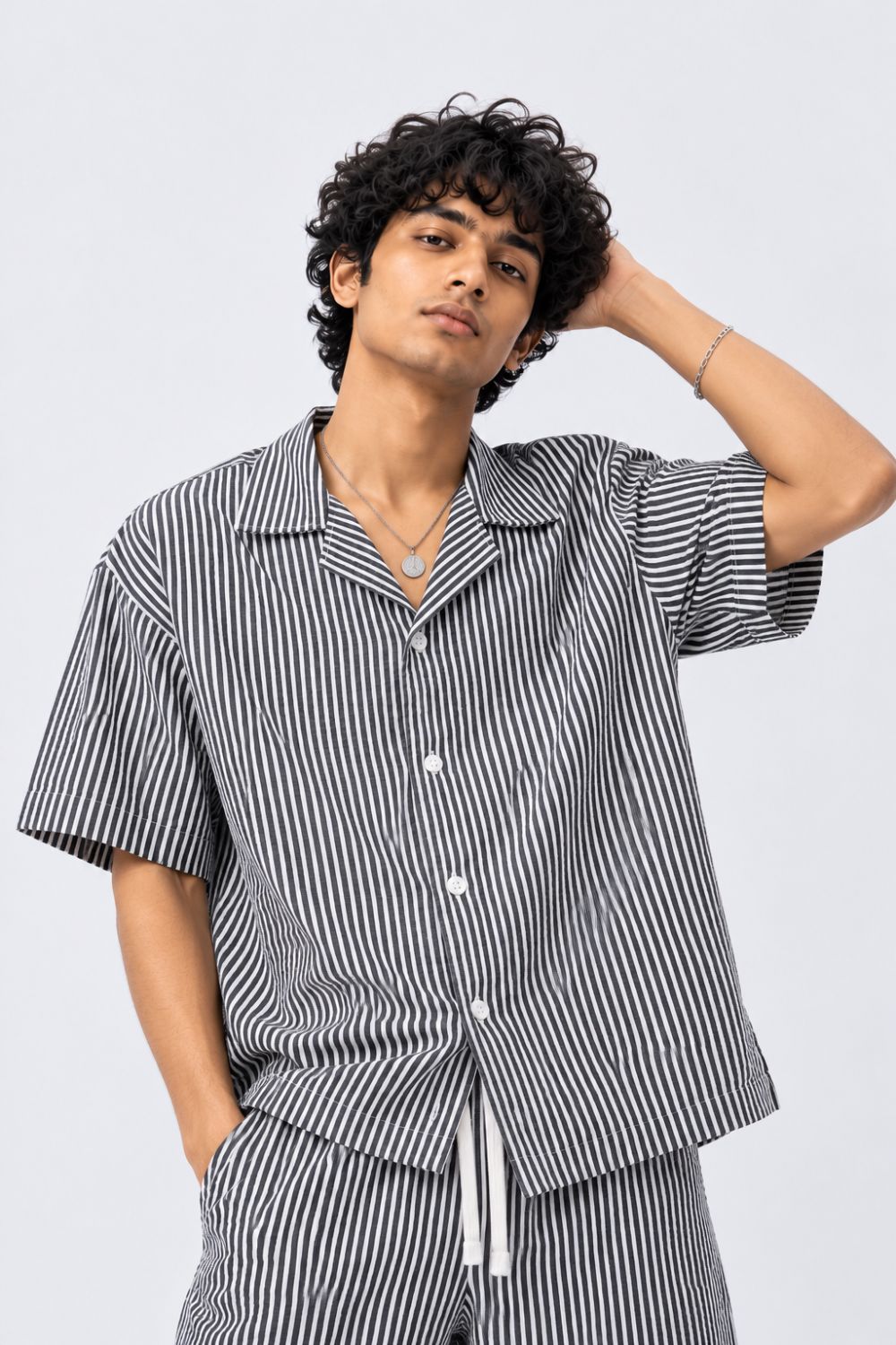 Mens Charcoal and White Striped Lounge Shirt - Image 1