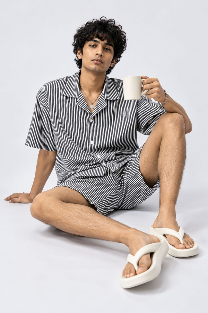 Mens Charcoal and White Striped Lounge Shirt - Image 4