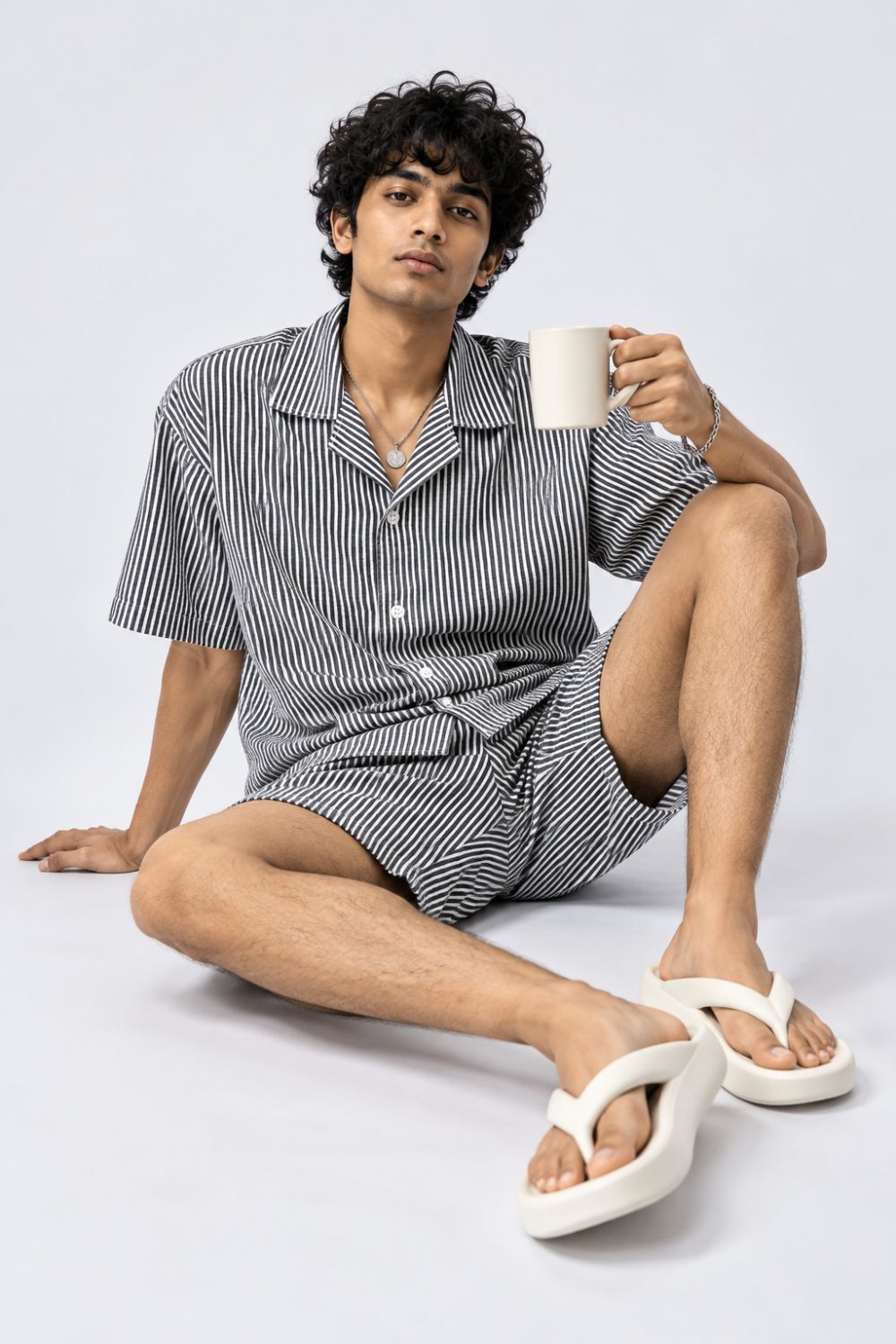 Mens Charcoal and White Striped Lounge Shirt - Image 4