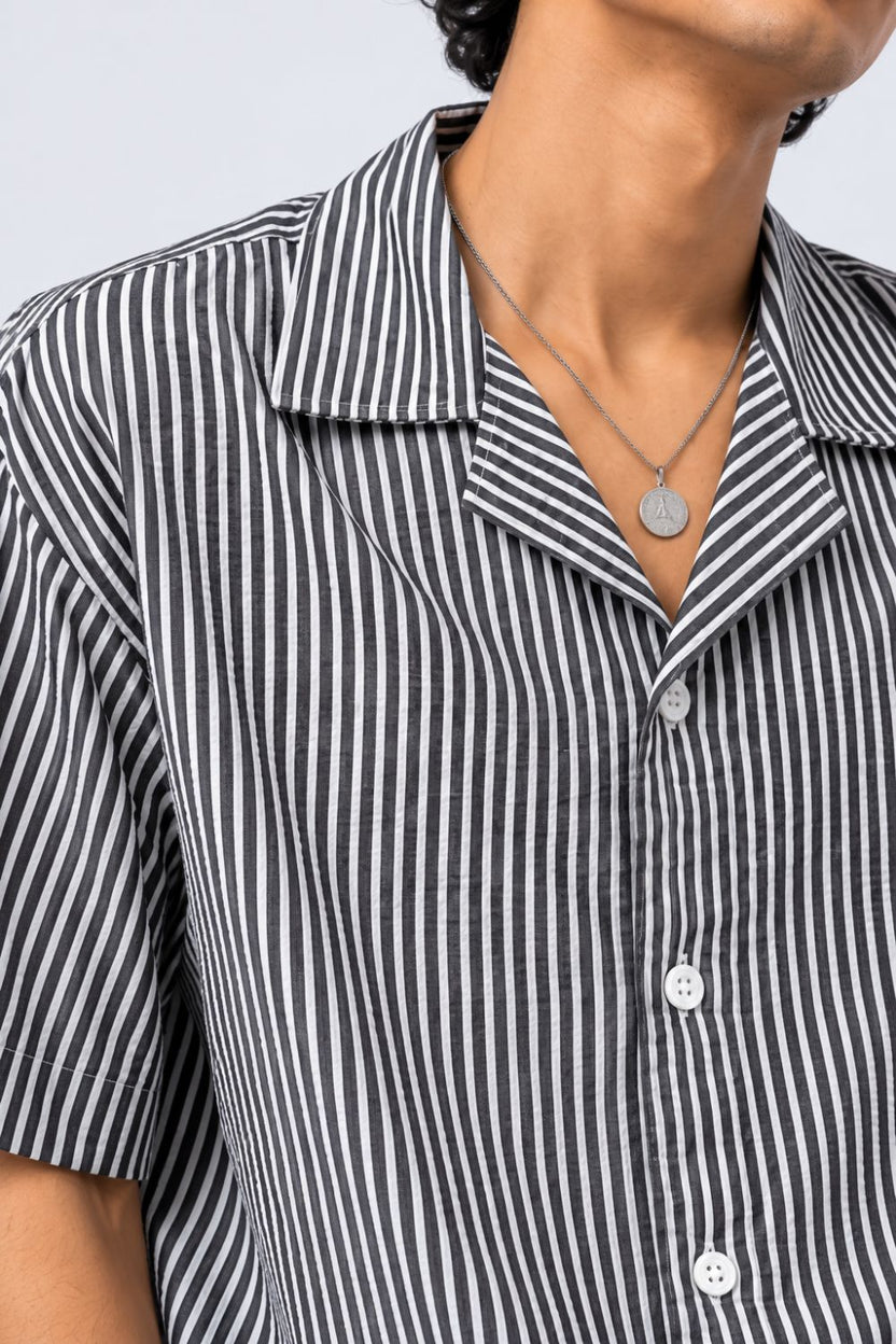 Mens Charcoal and White Striped Lounge Shirt - Image 7