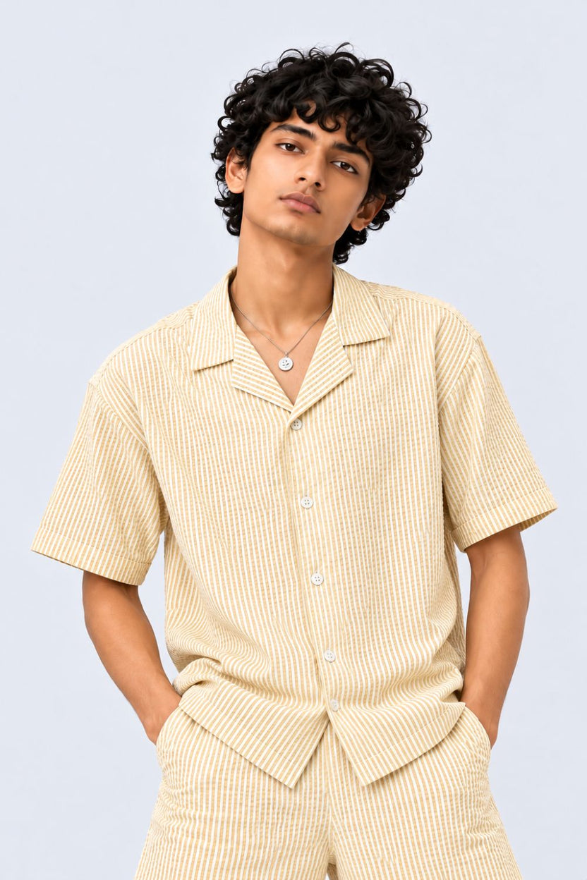Mens Yellow and White Striped Regular Fit Shirt - Image 1