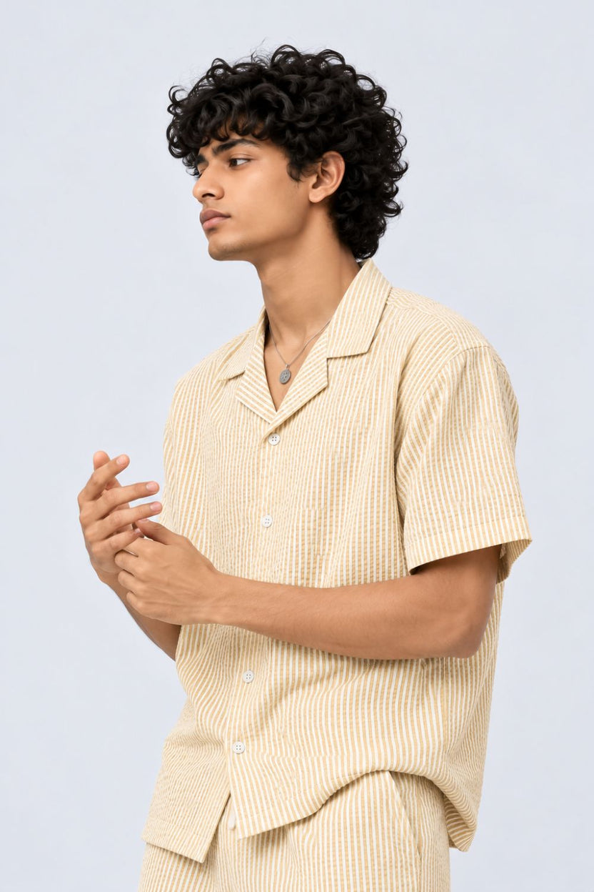 Mens Yellow and White Striped Regular Fit Shirt - Image 2