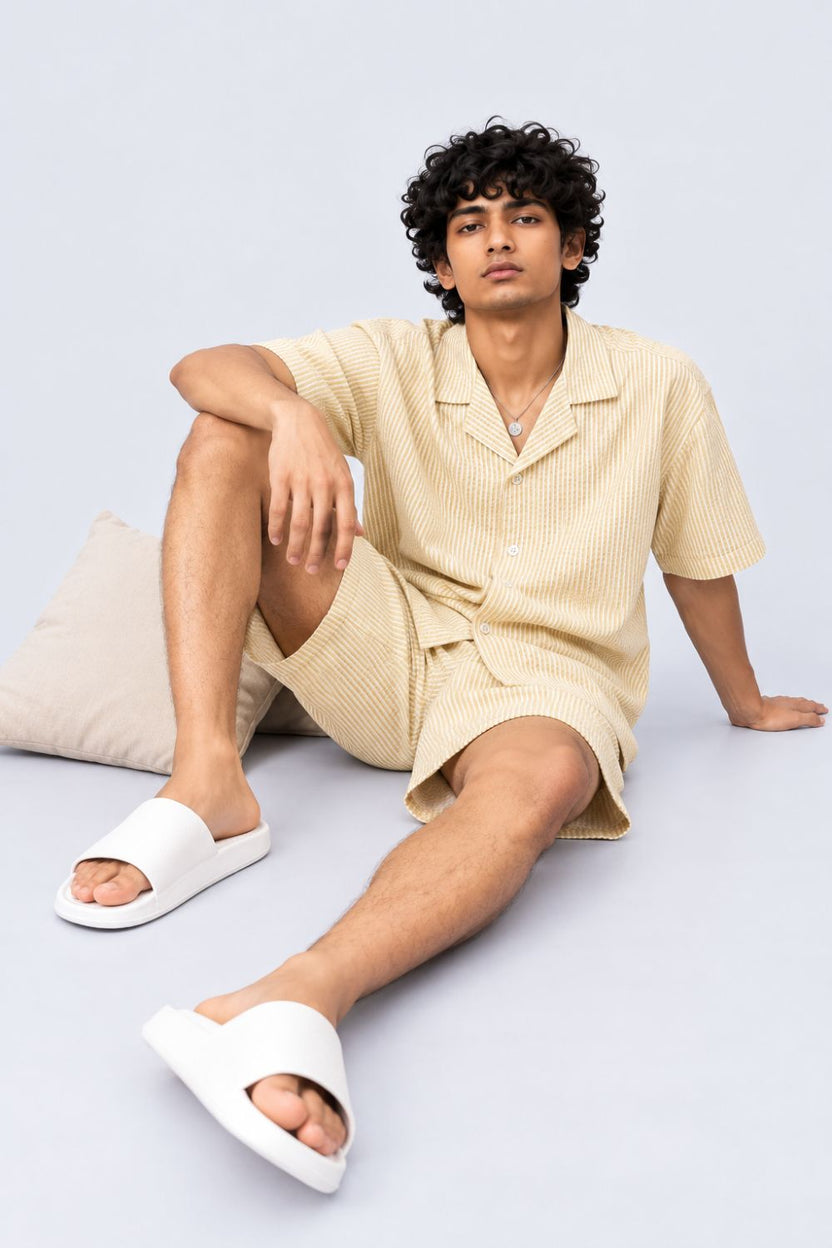 Mens Yellow and White Striped Regular Fit Shirt - Image 5