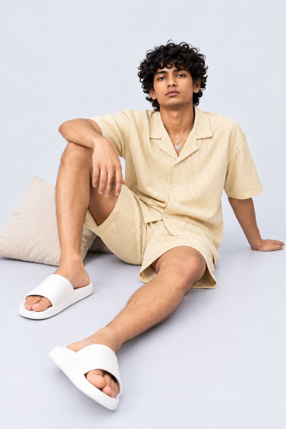 Mens Yellow and White Striped Regular Fit Shirt - Image 5