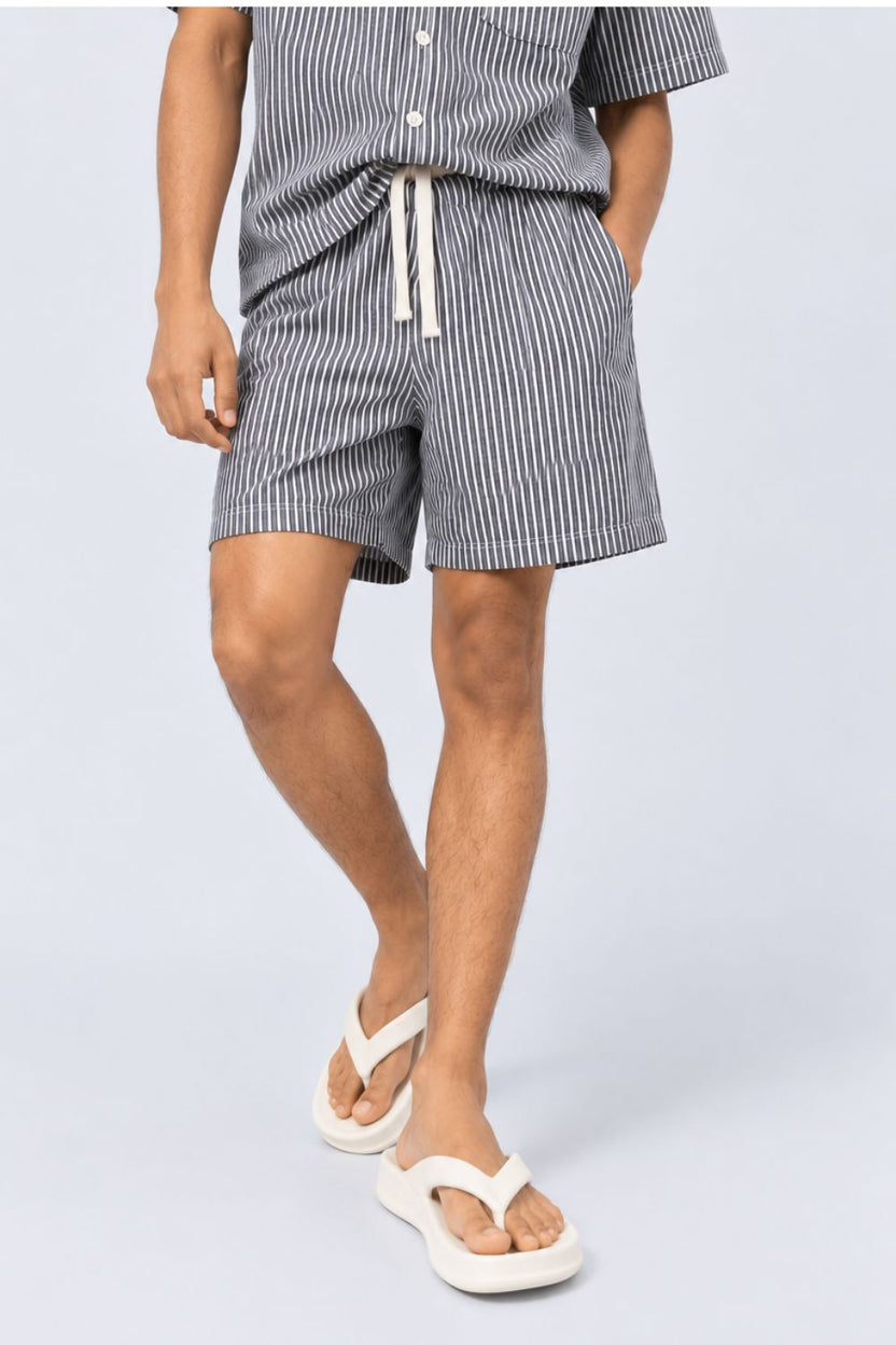 Mens Charcoal and White Striped Drawstring Lounge Shorts - Image 1