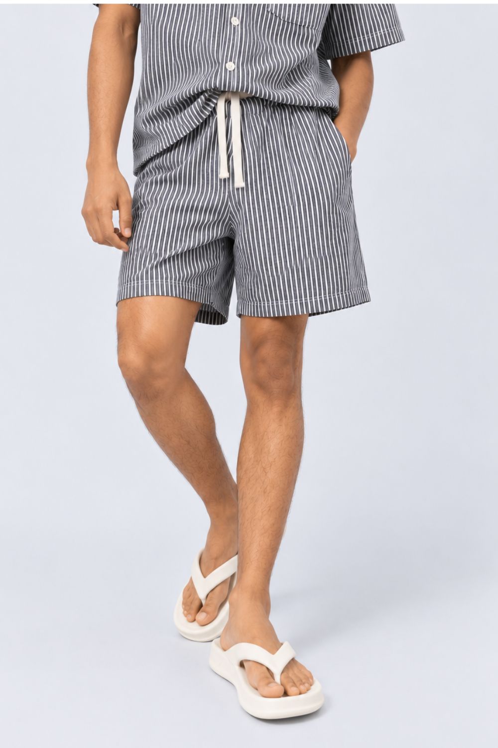 Mens Charcoal and White Striped Drawstring Lounge Shorts - Image 1