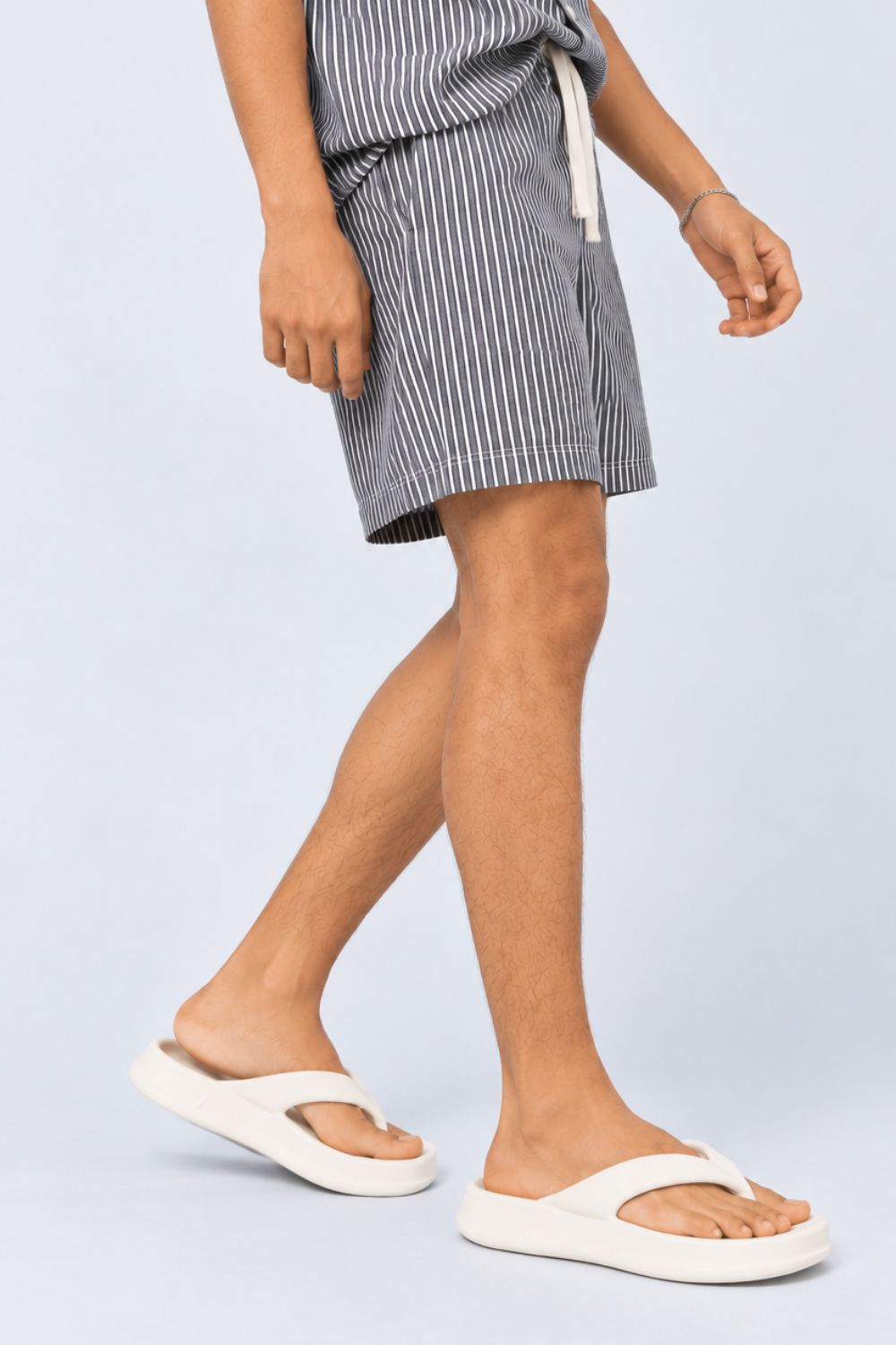 Mens Charcoal and White Striped Drawstring Lounge Shorts - Image 2