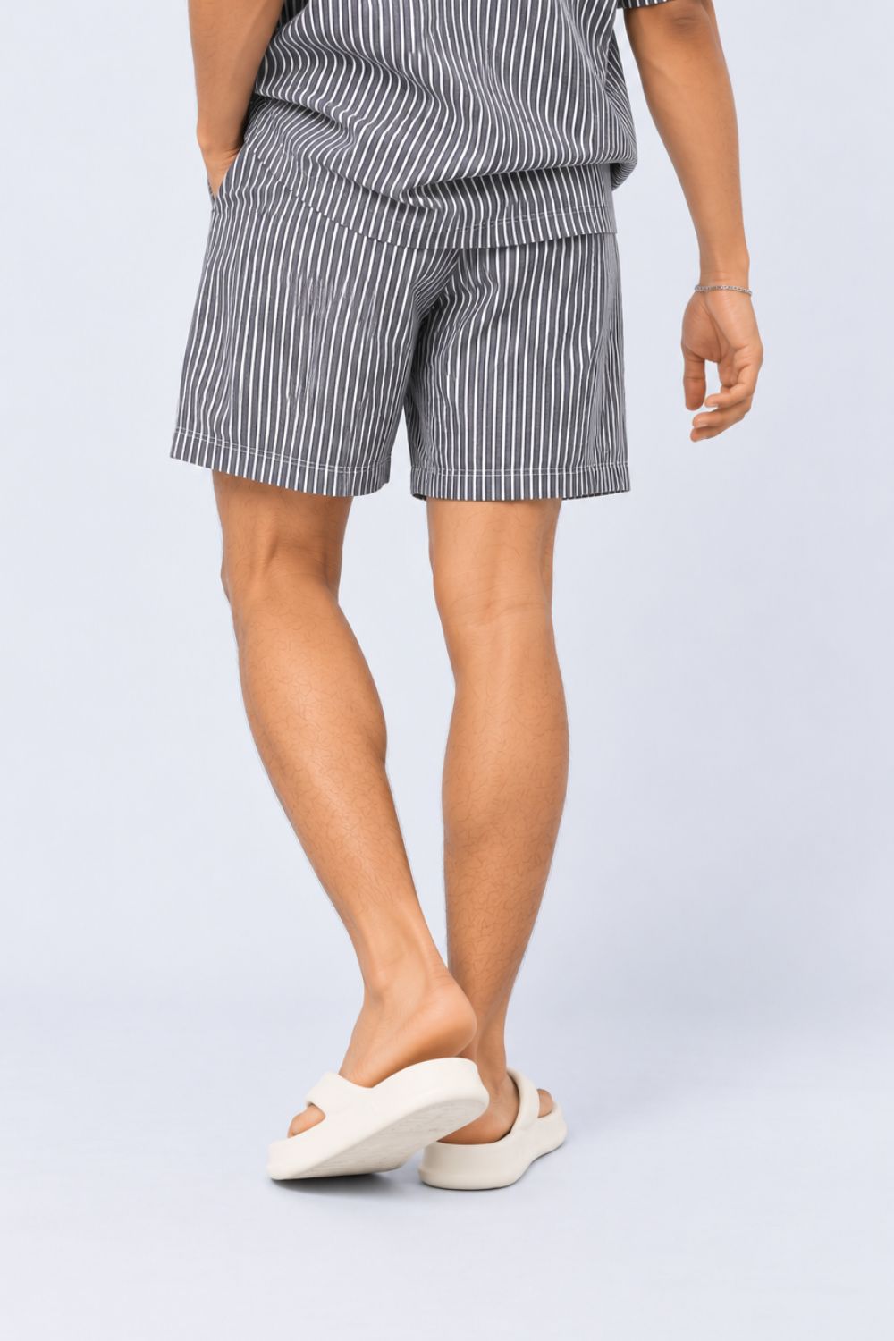 Mens Charcoal and White Striped Drawstring Lounge Shorts - Image 4