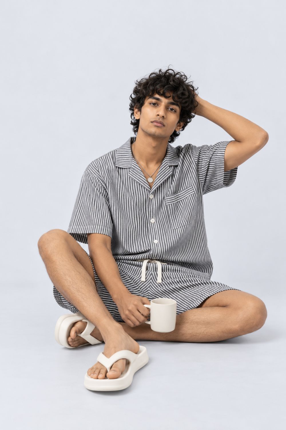 Mens Charcoal and White Striped Drawstring Lounge Shorts - Image 5