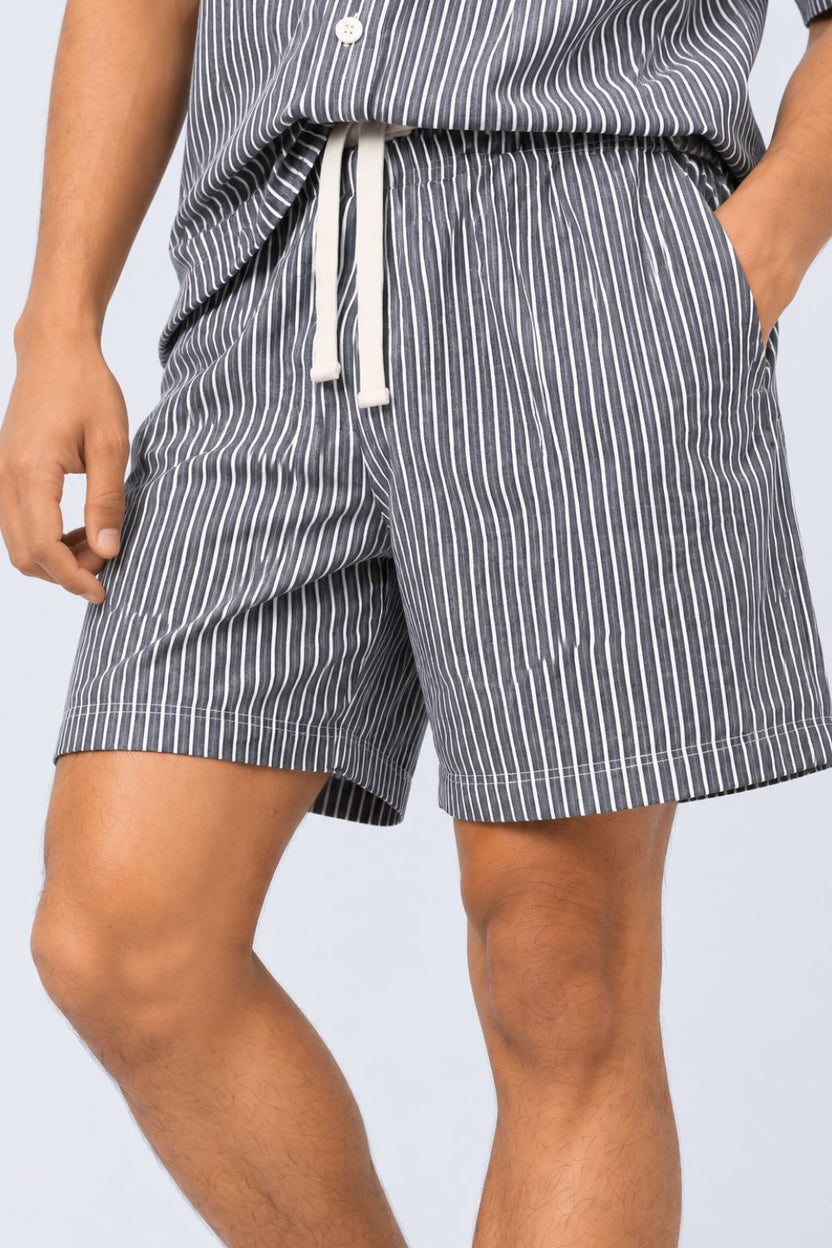 Mens Charcoal and White Striped Drawstring Lounge Shorts - Image 8