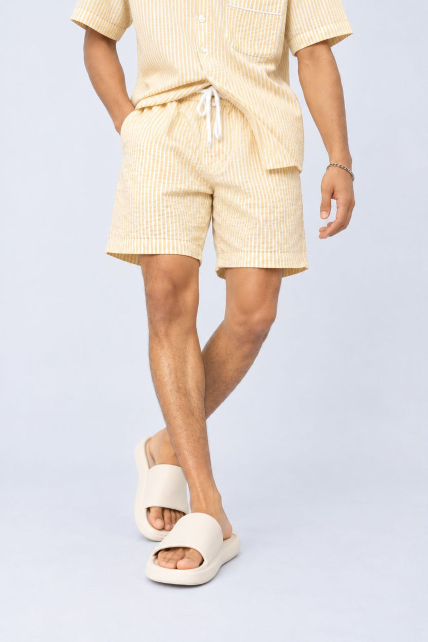 Mens Yellow and White Striped Drawstring Lounge Shorts - Image 1