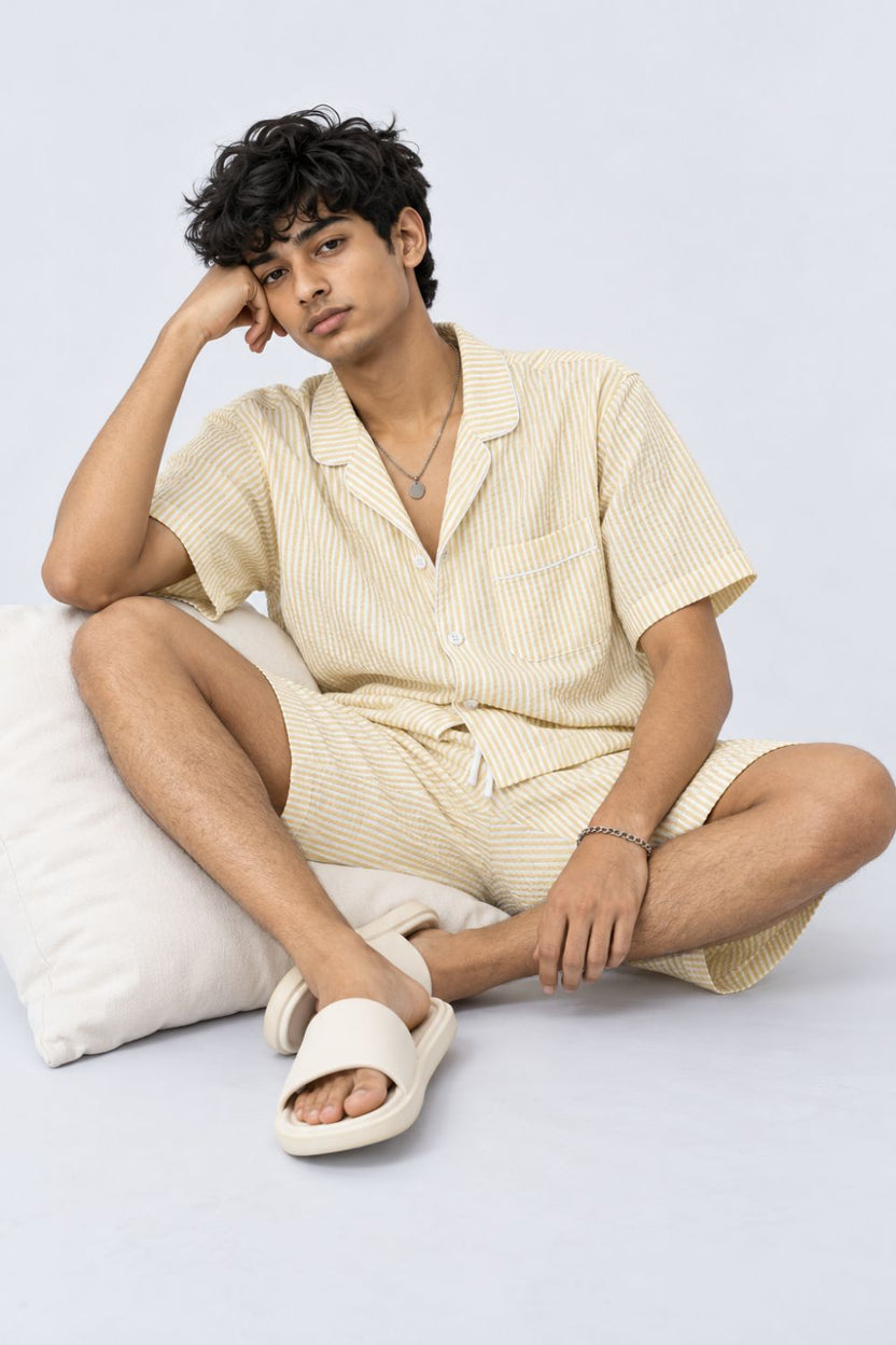 Mens Yellow and White Striped Drawstring Lounge Shorts - Image 5