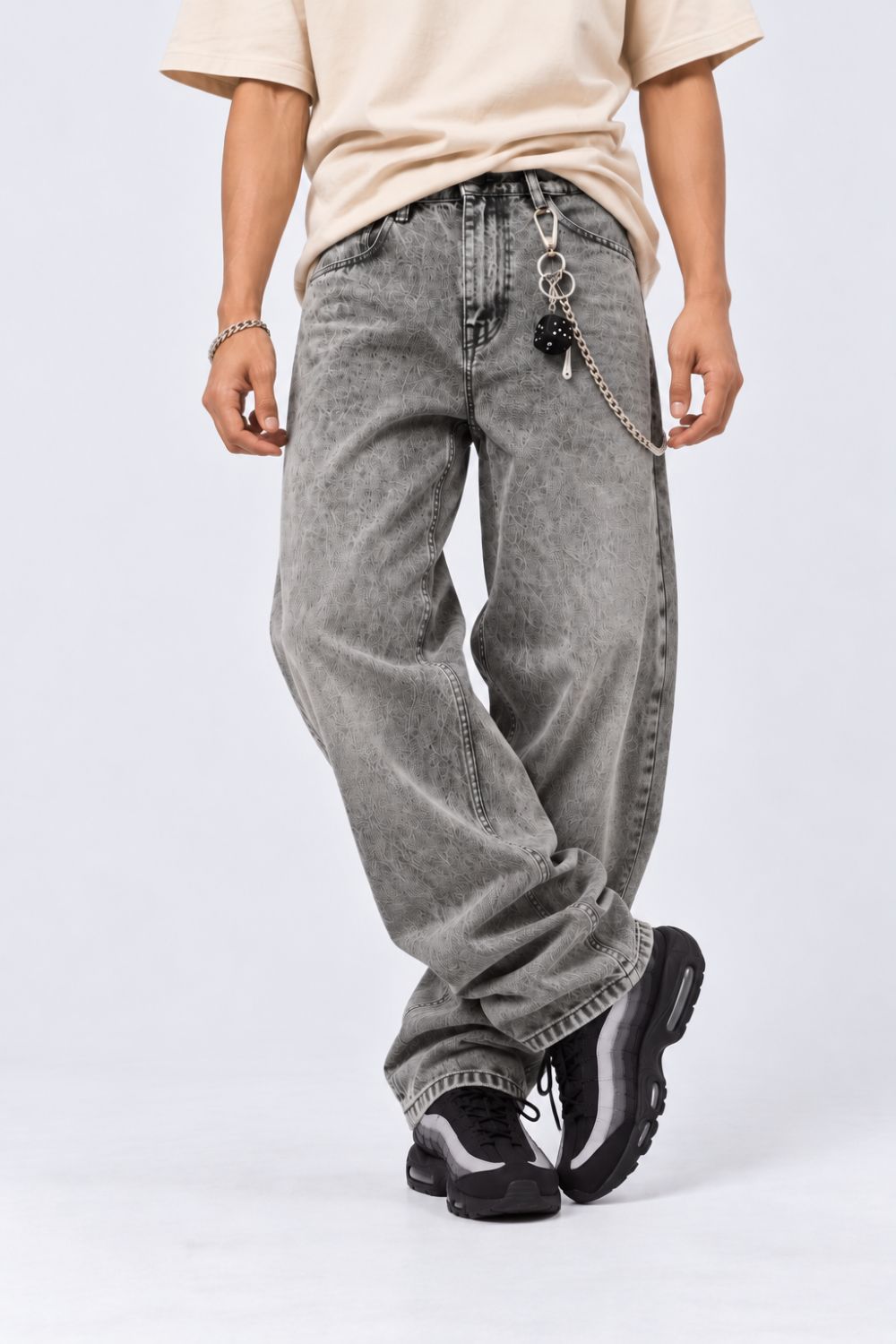 Mens Grey Solid Barrel Fit Jeans - Image 1