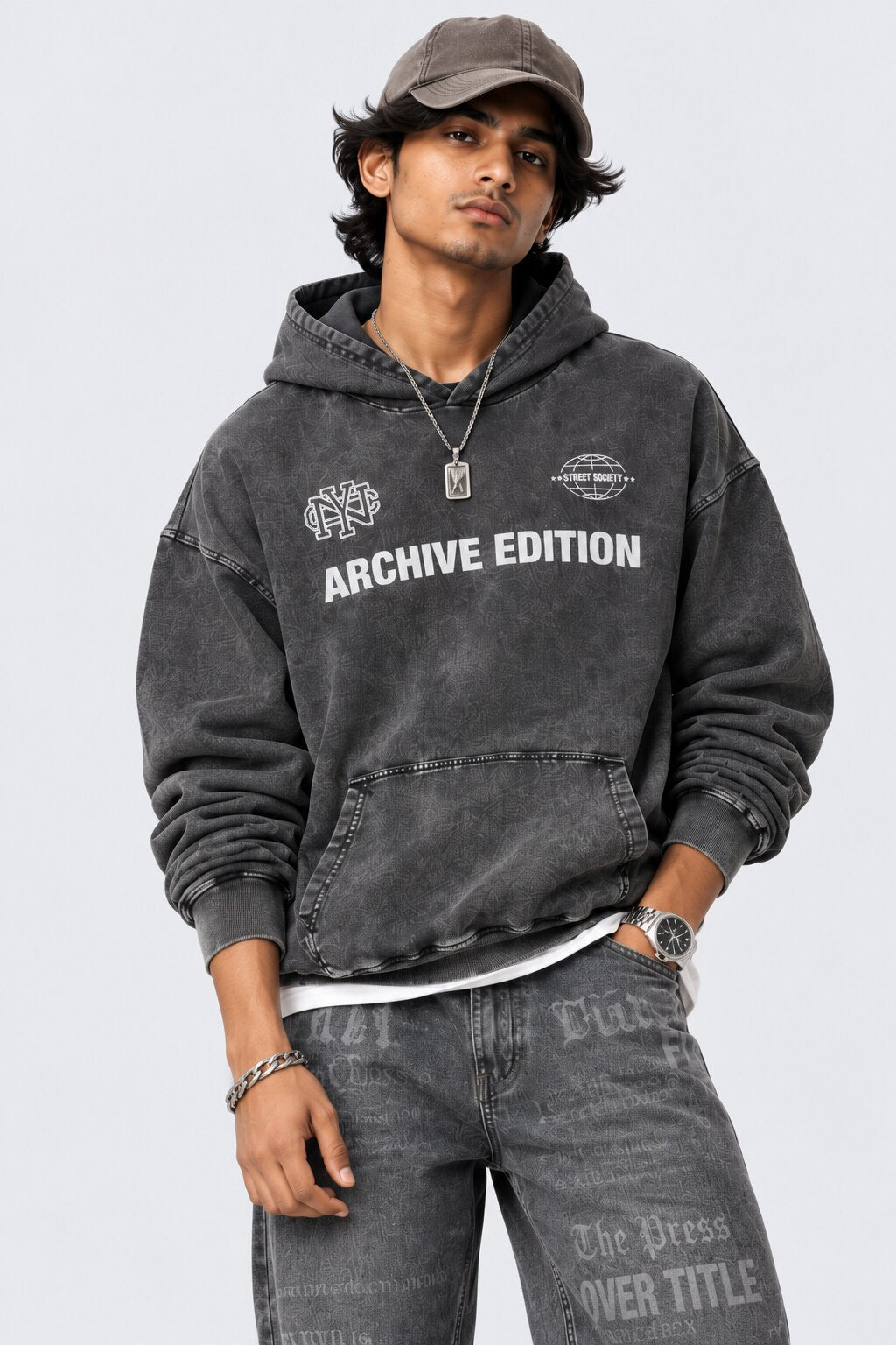 Mens Charcoal Typography Printed Hoodie - Image 1