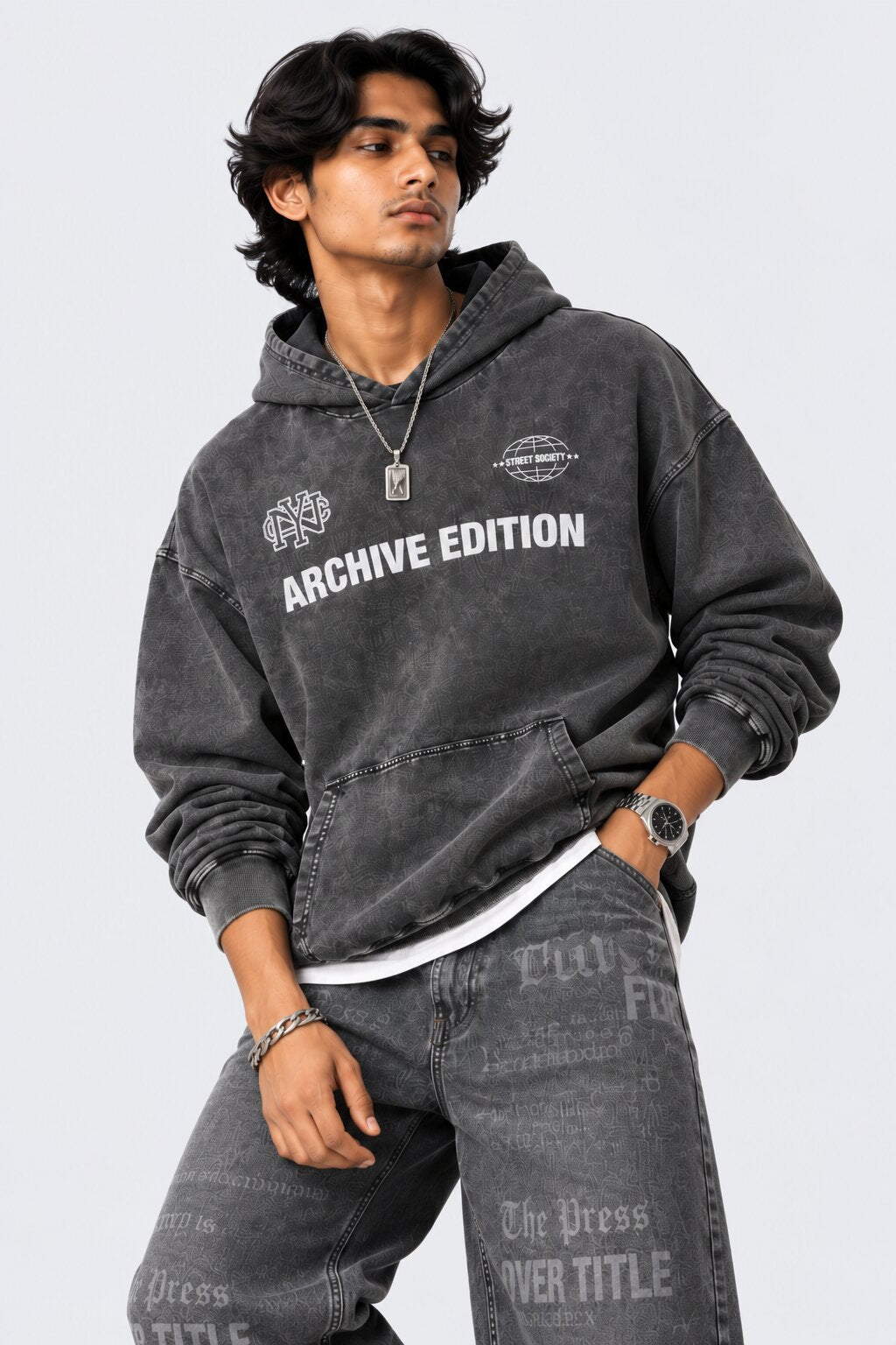 Mens Charcoal Typography Printed Hoodie - Image 2