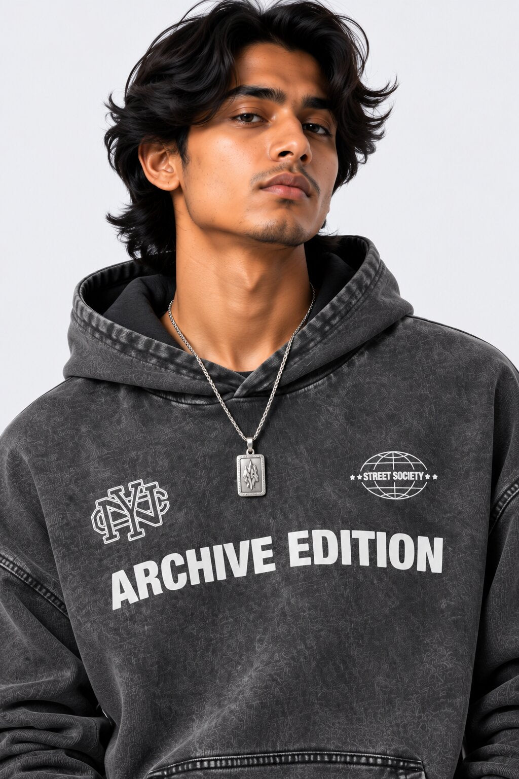 Mens Charcoal Typography Printed Hoodie - Image 3