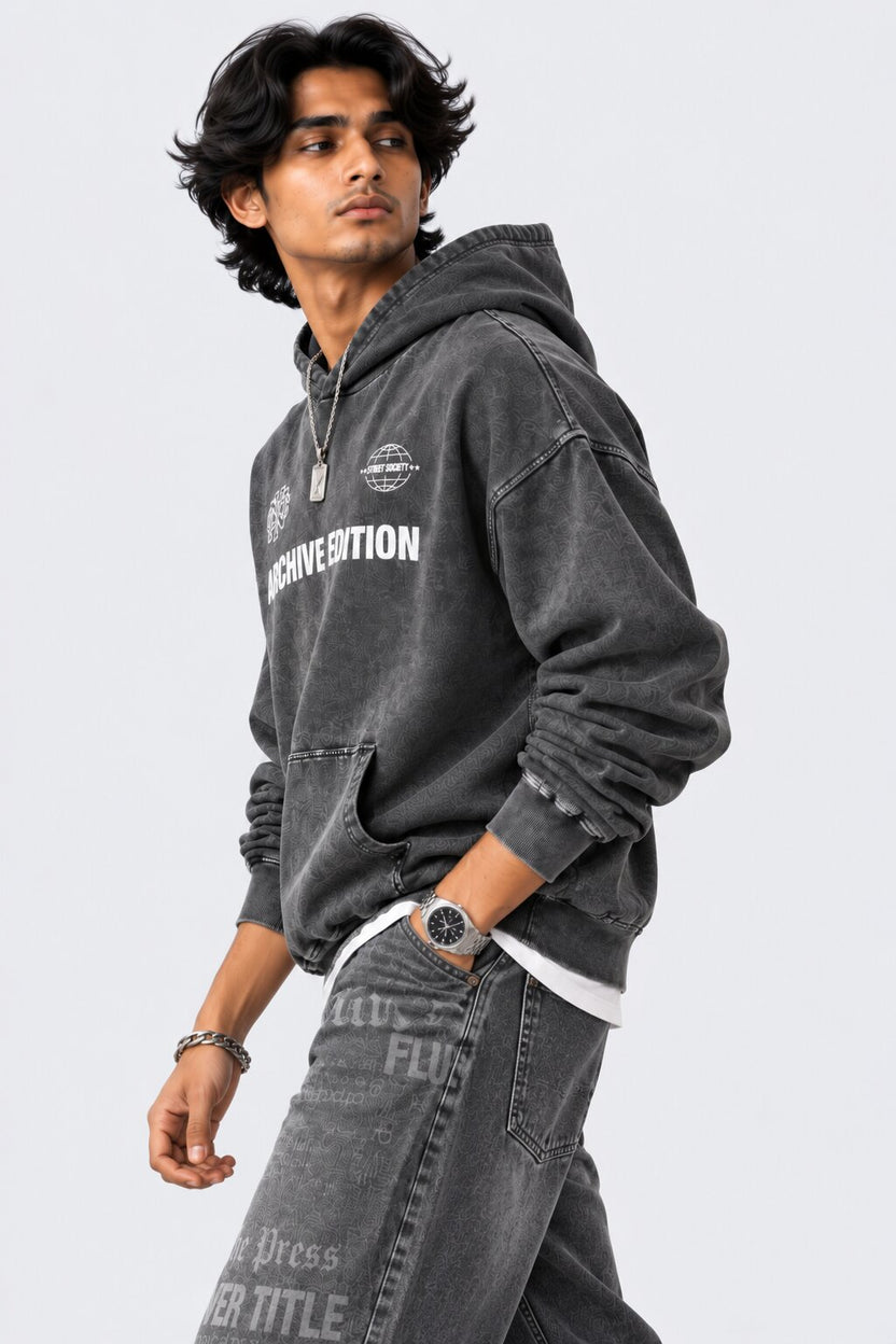 Mens Charcoal Typography Printed Hoodie - Image 4
