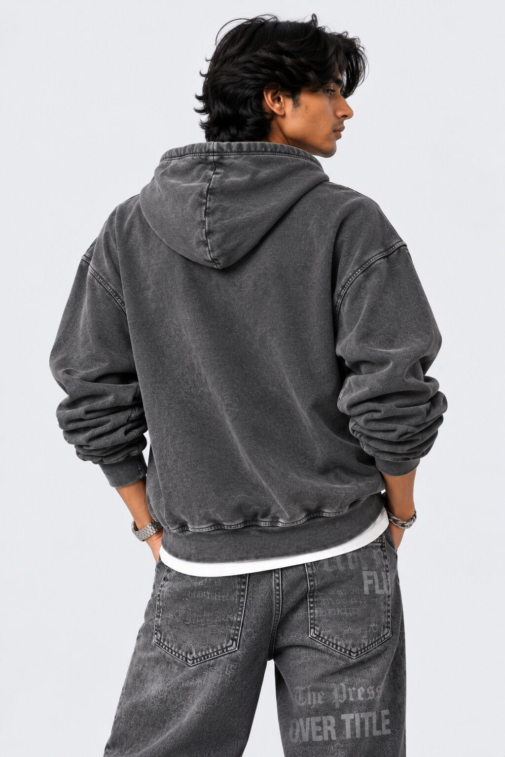 Mens Charcoal Typography Printed Hoodie - Image 5