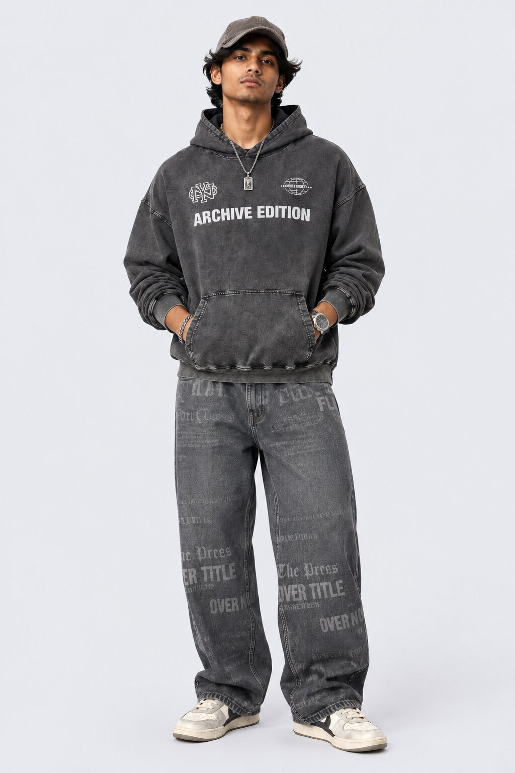Mens Charcoal Typography Printed Hoodie - Image 6