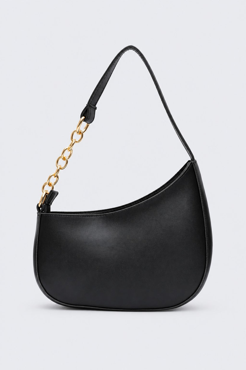 Womens Solid Black Chain Detail Shoulder Bag - Image 4
