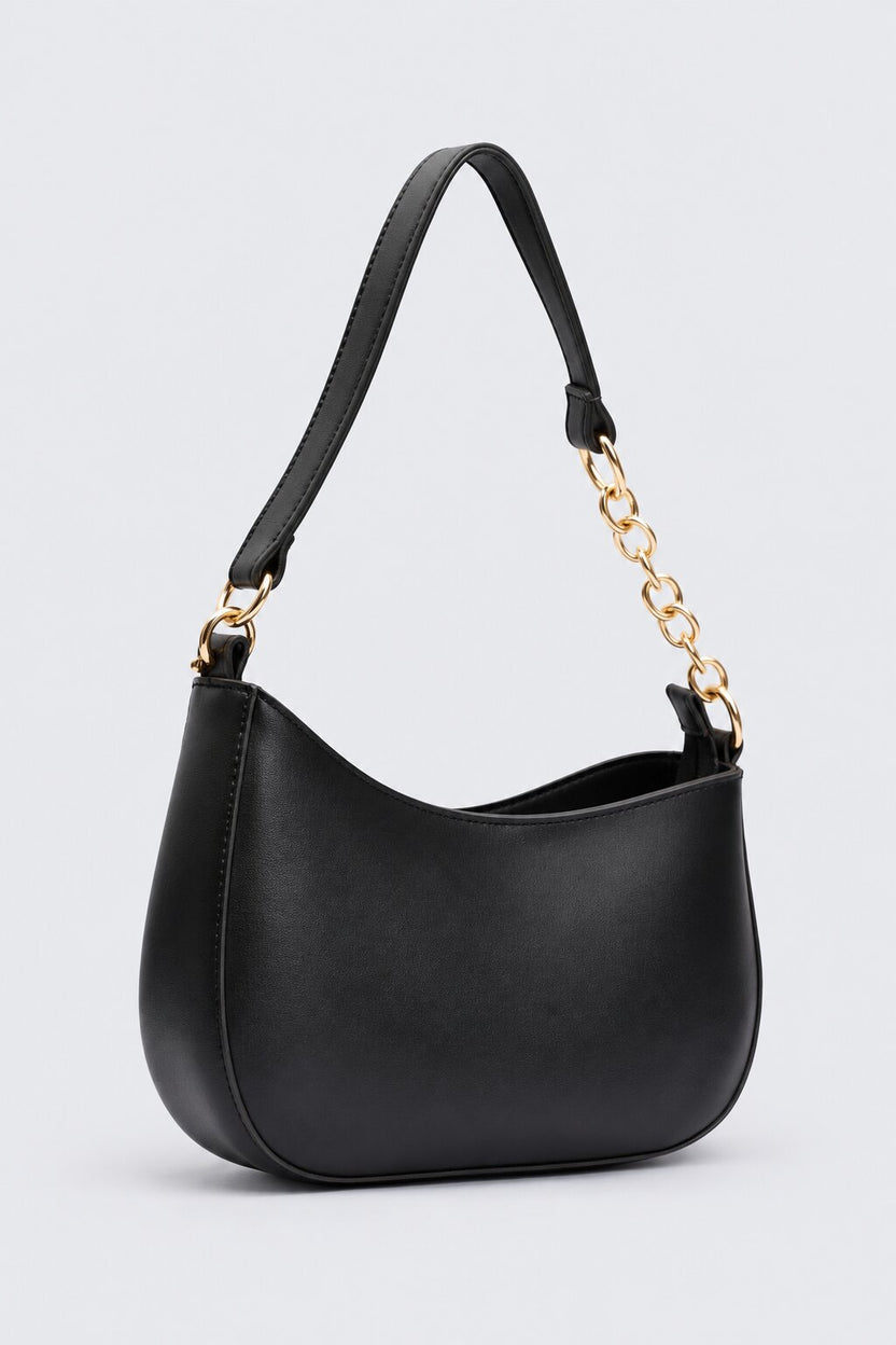 Womens Solid Black Chain Detail Shoulder Bag - Image 6