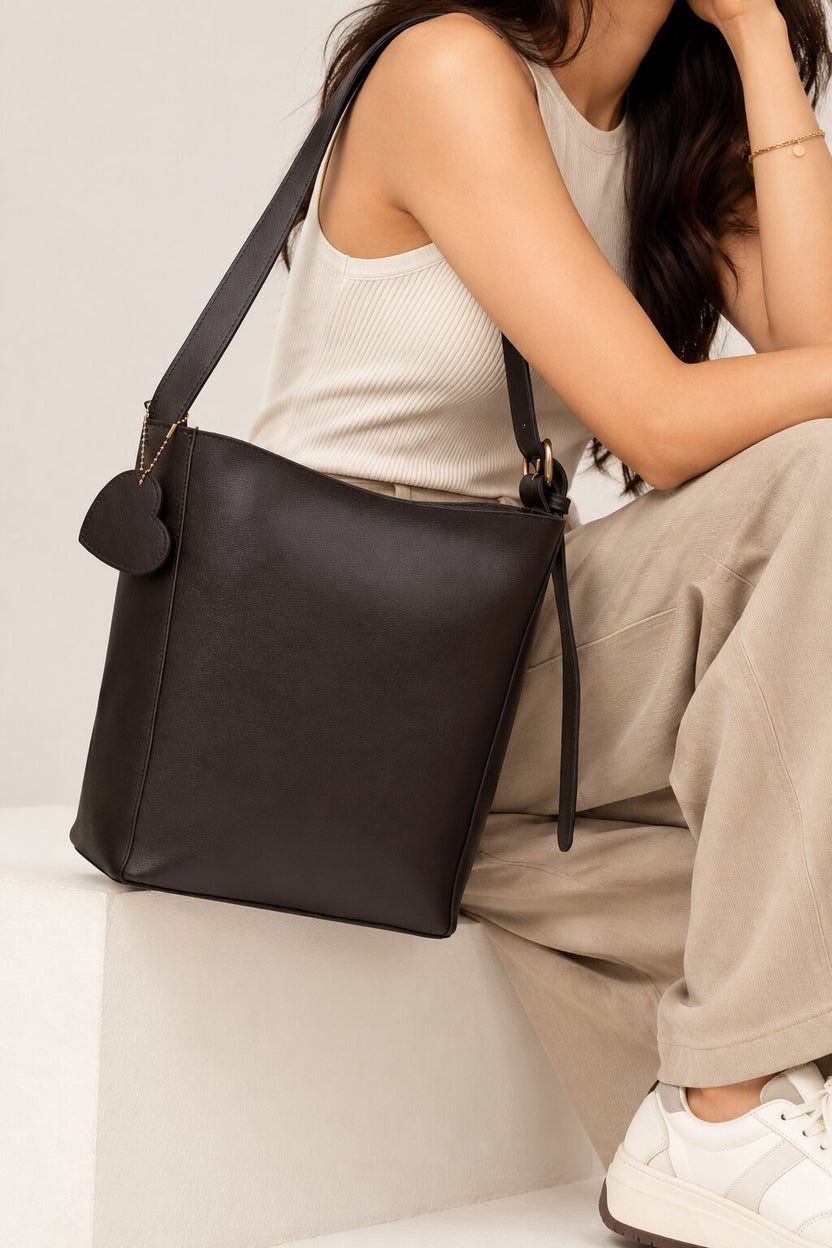 Womens Solid Brown Heart Charm Tote Bag - Image 1
