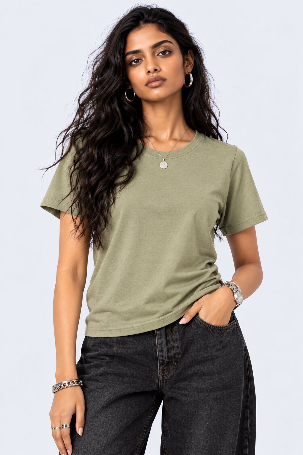 Womens Solid Olive Green Solid T-Shirt - Image 2