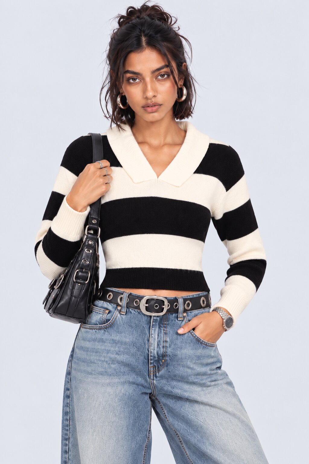 Black and White Striped Collared Sweater - Image 1