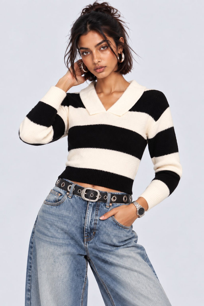 Black and White Striped Collared Sweater - Image 2