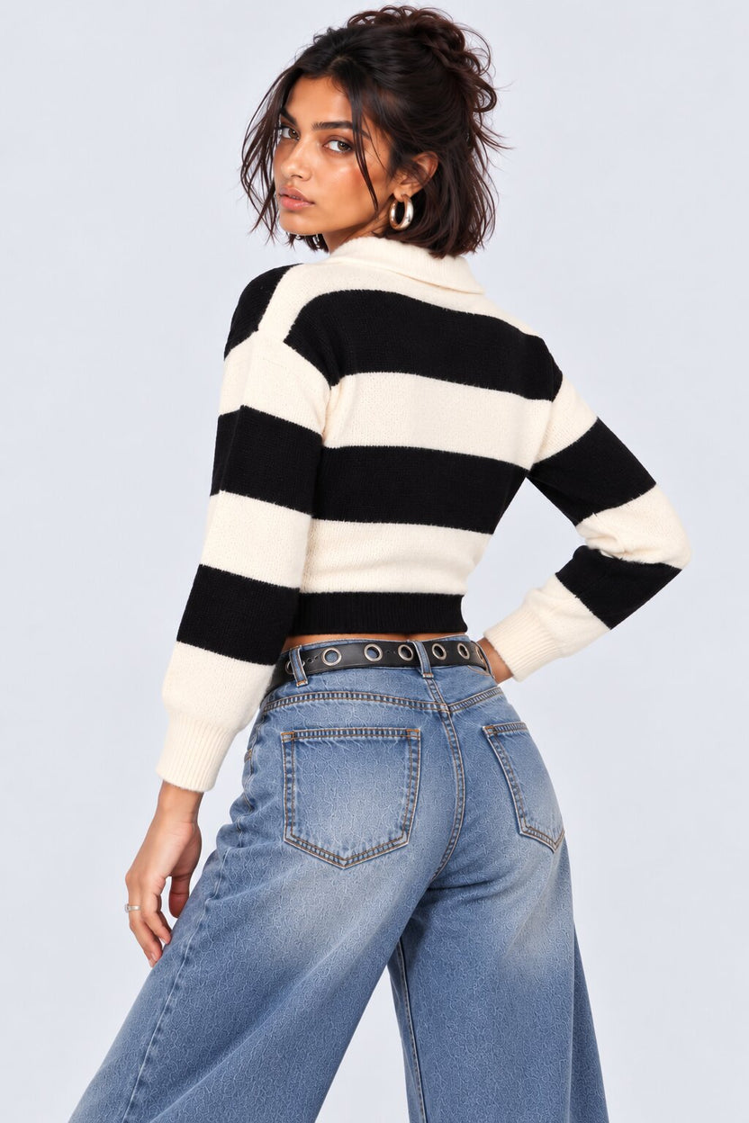 Black and White Striped Collared Sweater - Image 5