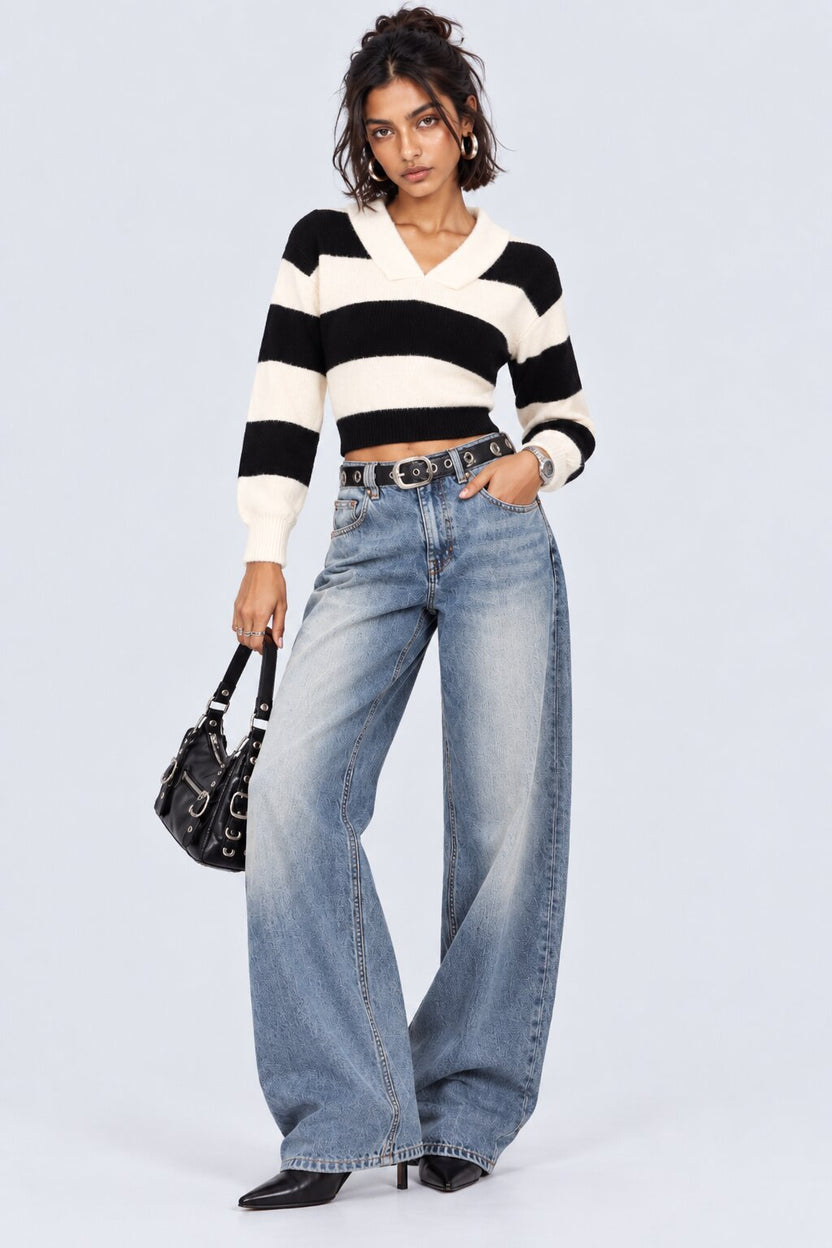 Black and White Striped Collared Sweater - Image 6
