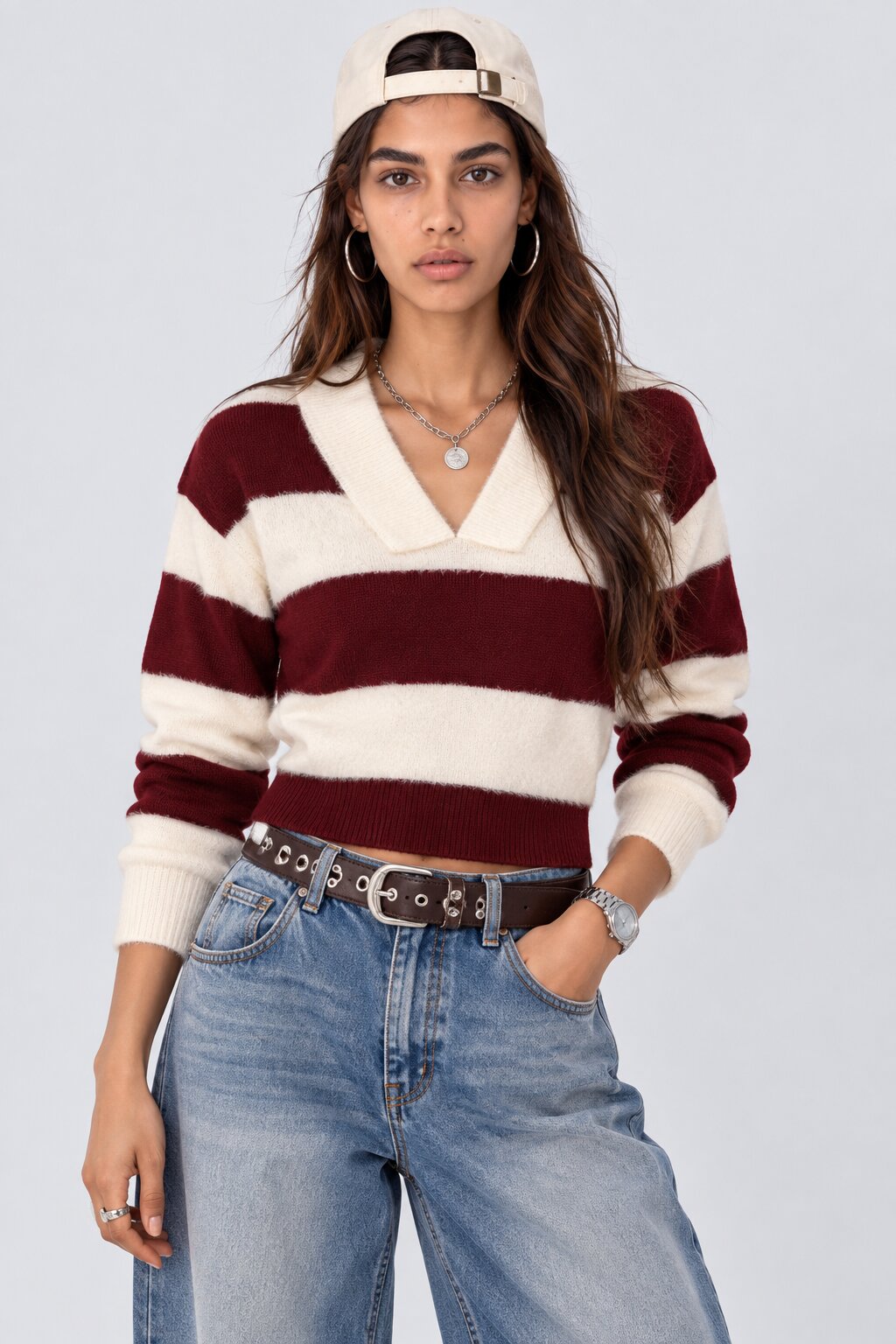 Cherry and White Striped Collared Sweater - Image 1