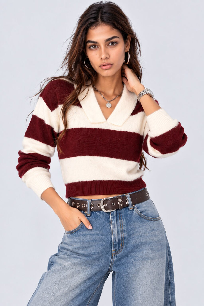 Cherry and White Striped Collared Sweater - Image 2