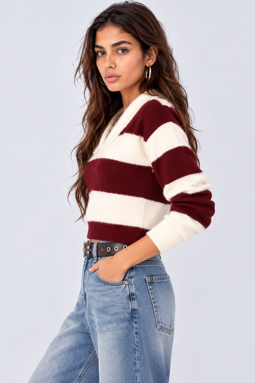 Cherry and White Striped Collared Sweater - Image 4