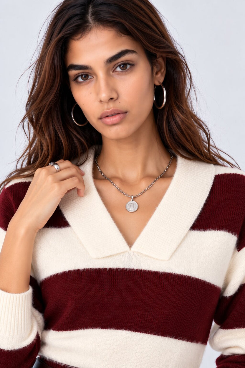 Cherry and White Striped Collared Sweater - Image 9