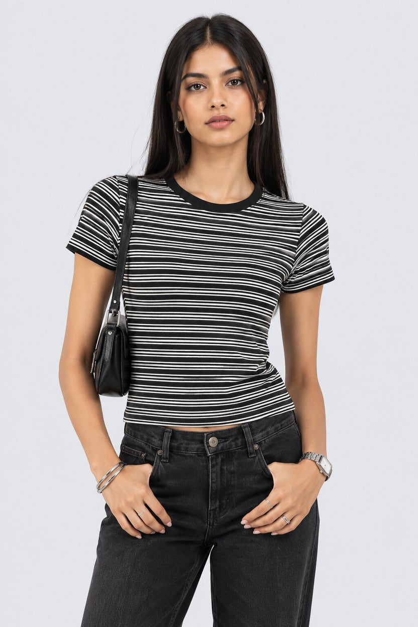 Womens Black and White Striped Ribbed T-Shirt - Image 1
