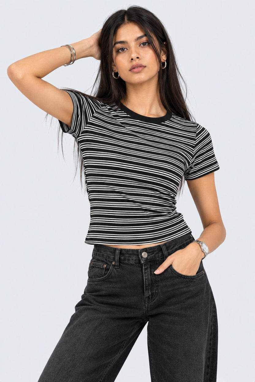 Womens Black and White Striped Ribbed T-Shirt - Image 2