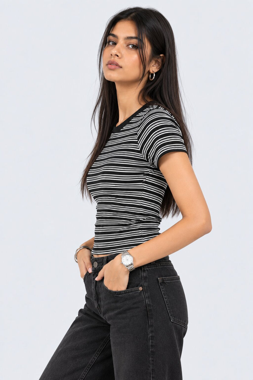 Womens Black and White Striped Ribbed T-Shirt - Image 4