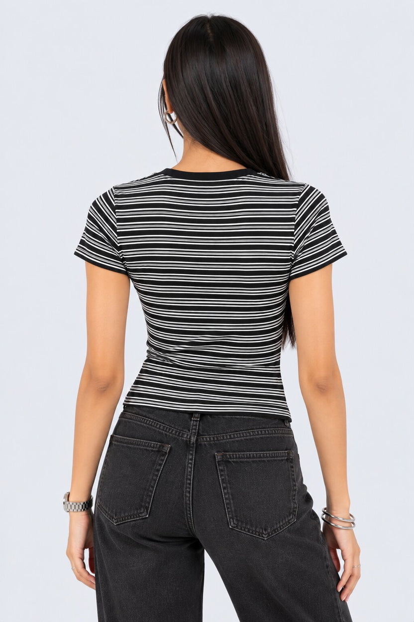 Womens Black and White Striped Ribbed T-Shirt - Image 5