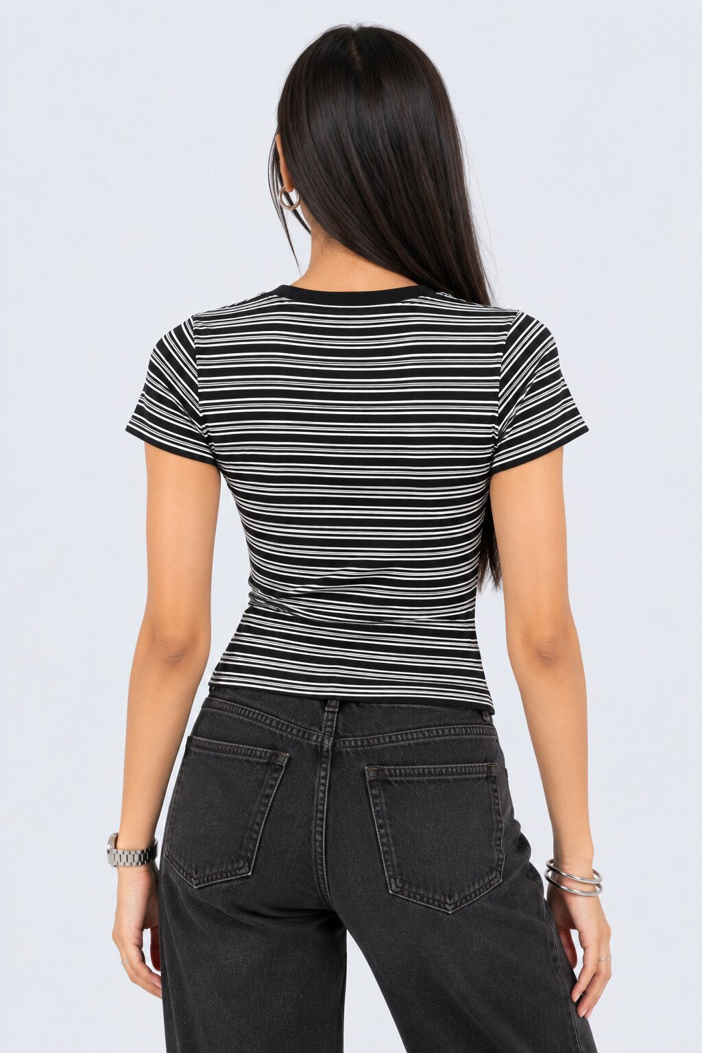 Womens Black and White Striped Ribbed T-Shirt - Image 5