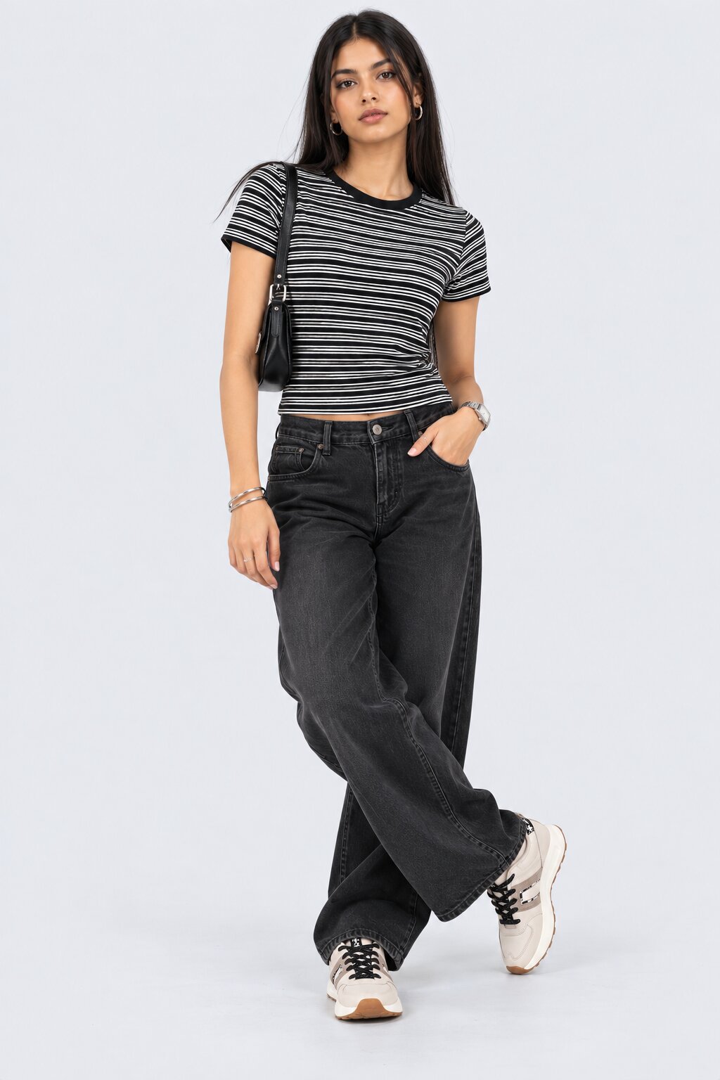 Womens Black and White Striped Ribbed T-Shirt - Image 6